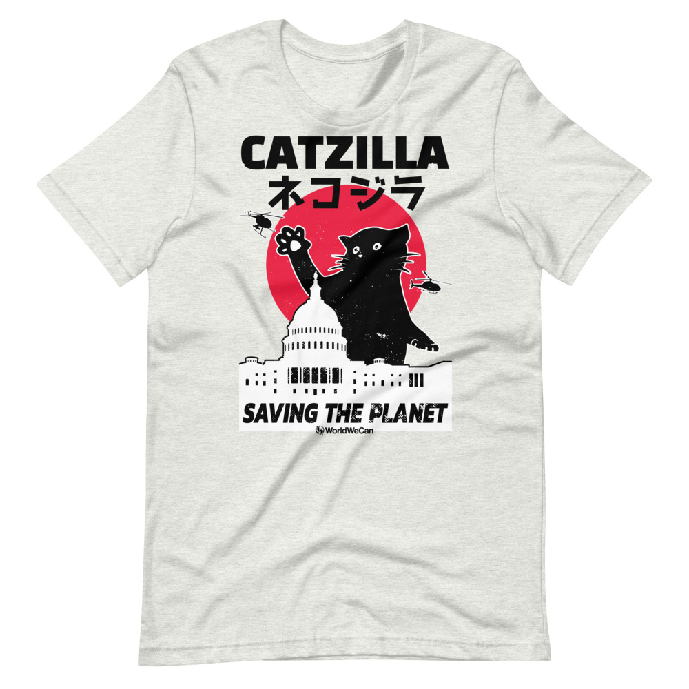 Catzilla Saving the Planet! | Godzilla Inspired | Premium Eco-Friendly Unisex Humanitarian T-Shirt - Image 2